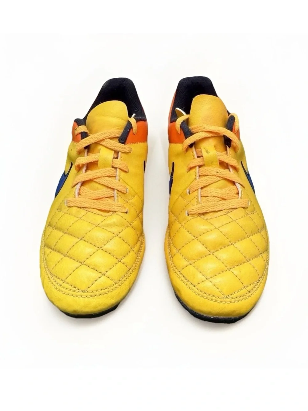 Nike Tiempo US 1.5Y Yellow Orange Blue Quilted Soccer Cleats Athletic Footwear